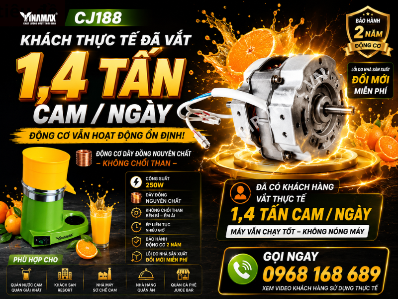 Máy Ép Cam Bằng Điện Công Nghiệp Công Suất Lớn (Vắt Bưởi Cam Chanh) - VINAMAX CJ -188 85 động cơ máy vắt cam công ngiệp vinamax