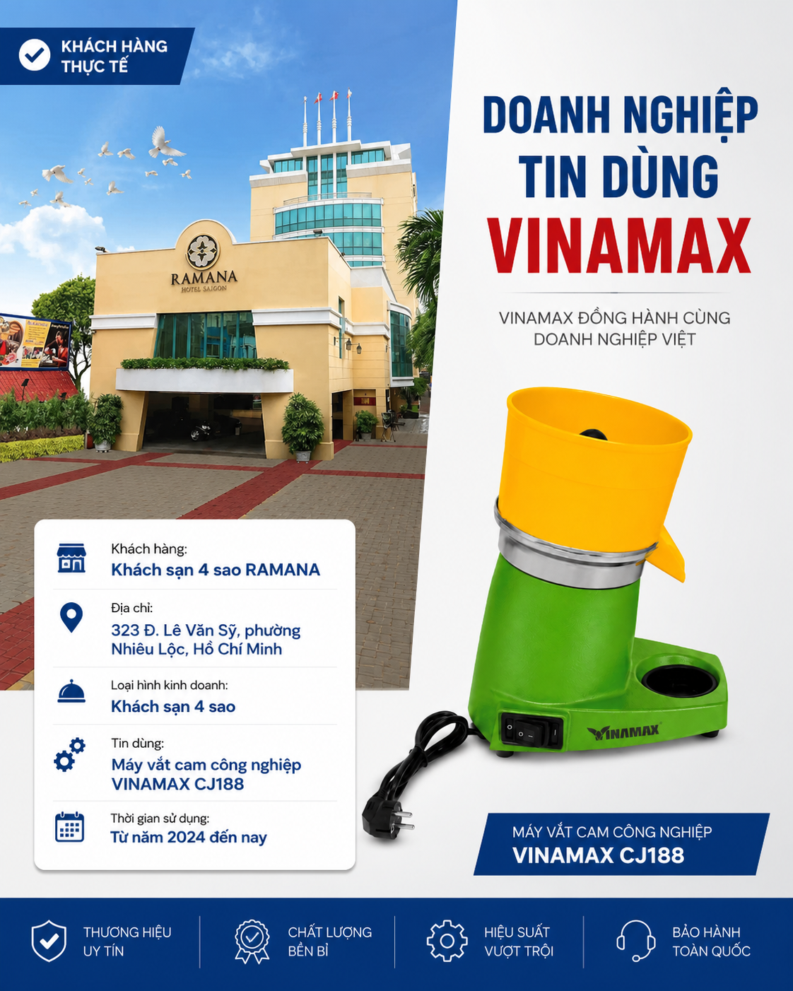 Máy Ép Cam Bằng Điện Công Nghiệp Công Suất Lớn (Vắt Bưởi Cam Chanh) - VINAMAX CJ -188 101 Khách sạn 4 sao RAMANA Hồ Chí Minh sử dụng máy vắt cam công nghiệp VINAMAX CJ188 phục vụ nước cam tươi cho khách lưu trú với hiệu suất cao