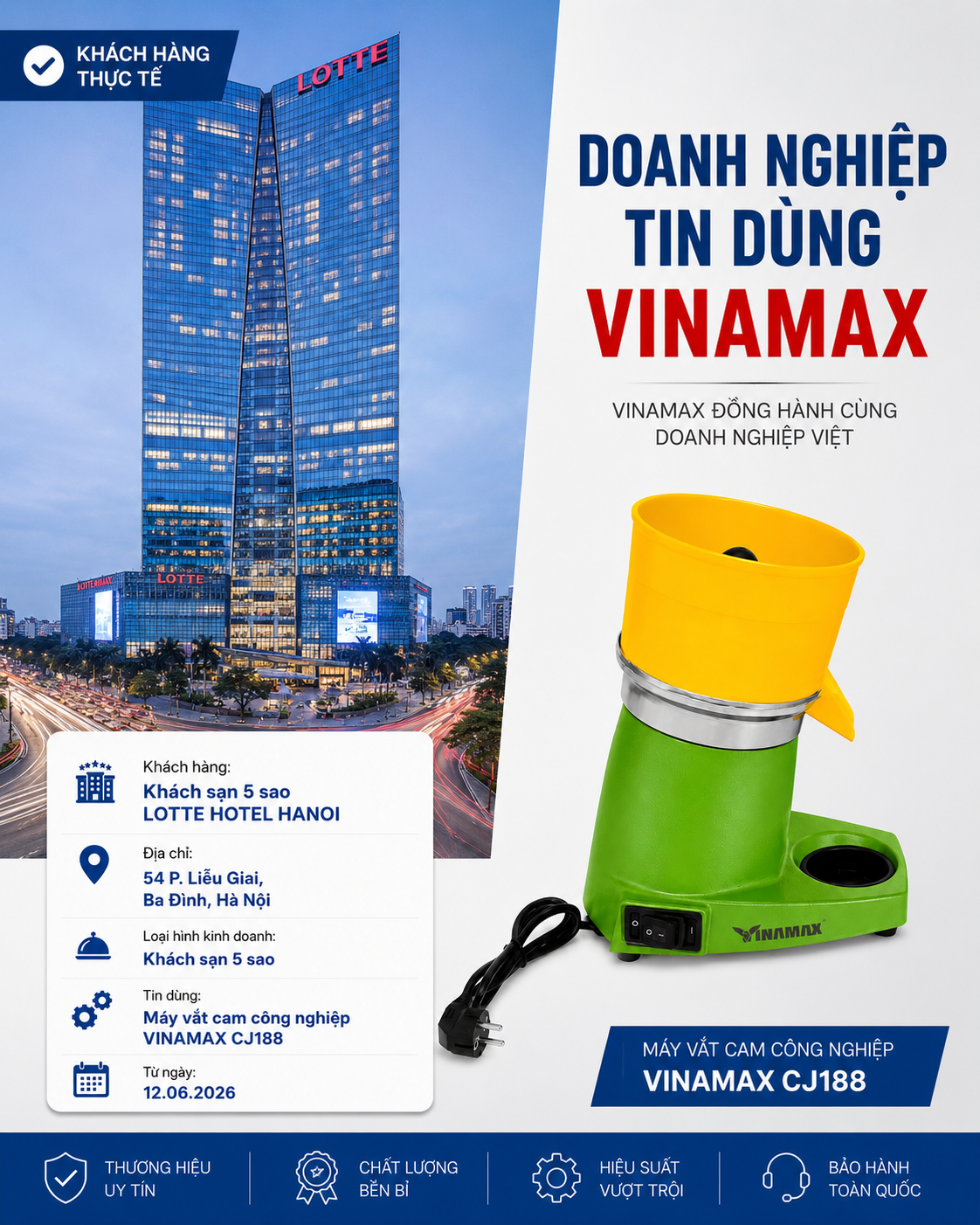 Máy Ép Cam Bằng Điện Công Nghiệp Công Suất Lớn (Vắt Bưởi Cam Chanh) - VINAMAX CJ -188 104 Khách sạn 5 sao LOTTE HOTEL HANOI sử dụng máy vắt cam công nghiệp VINAMAX CJ188 phục vụ nước cam tươi tại nhà hàng, buffet và quầy bar.