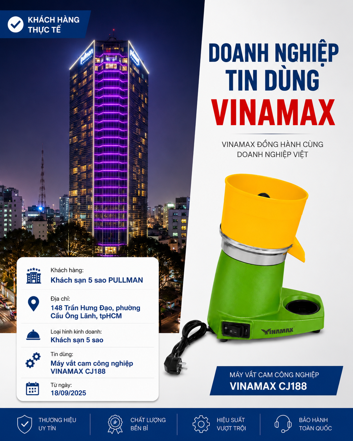 Máy Ép Cam Bằng Điện Công Nghiệp Công Suất Lớn (Vắt Bưởi Cam Chanh) - VINAMAX CJ -188 103 Khách sạn 5 sao Pullman Sài Gòn sử dụng máy vắt cam công nghiệp VINAMAX CJ188 phục vụ nước cam tươi cho khách lưu trú và nhà hàng.