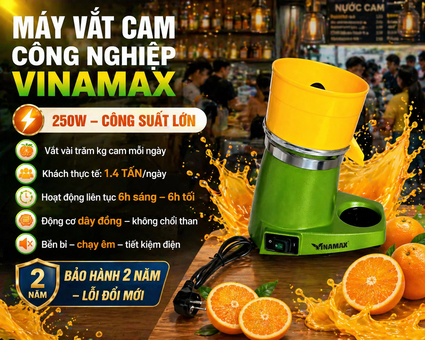 Máy vắt cam công nghiệp VINAMAX công suất lớn 250W, thiết kế bền bỉ, ép nhanh, phù hợp quán cà phê, nhà hàng hoạt động liên tục.