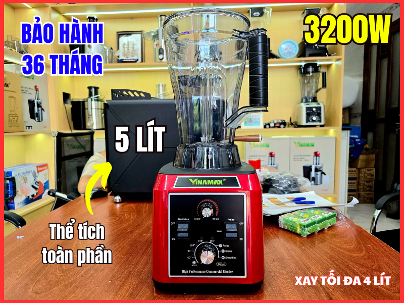 Máy xay sinh tố công nghiệp VINAMAX S500 3200W, thể tích toàn phần cối 5 lít, khả năng xay tối đa lên đến 4 lít.