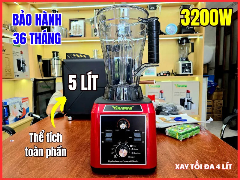 Máy xay sinh tố công nghiệp VINAMAX S500 3200W, thể tích toàn phần cối 5 lít, khả năng xay tối đa lên đến 4 lít.