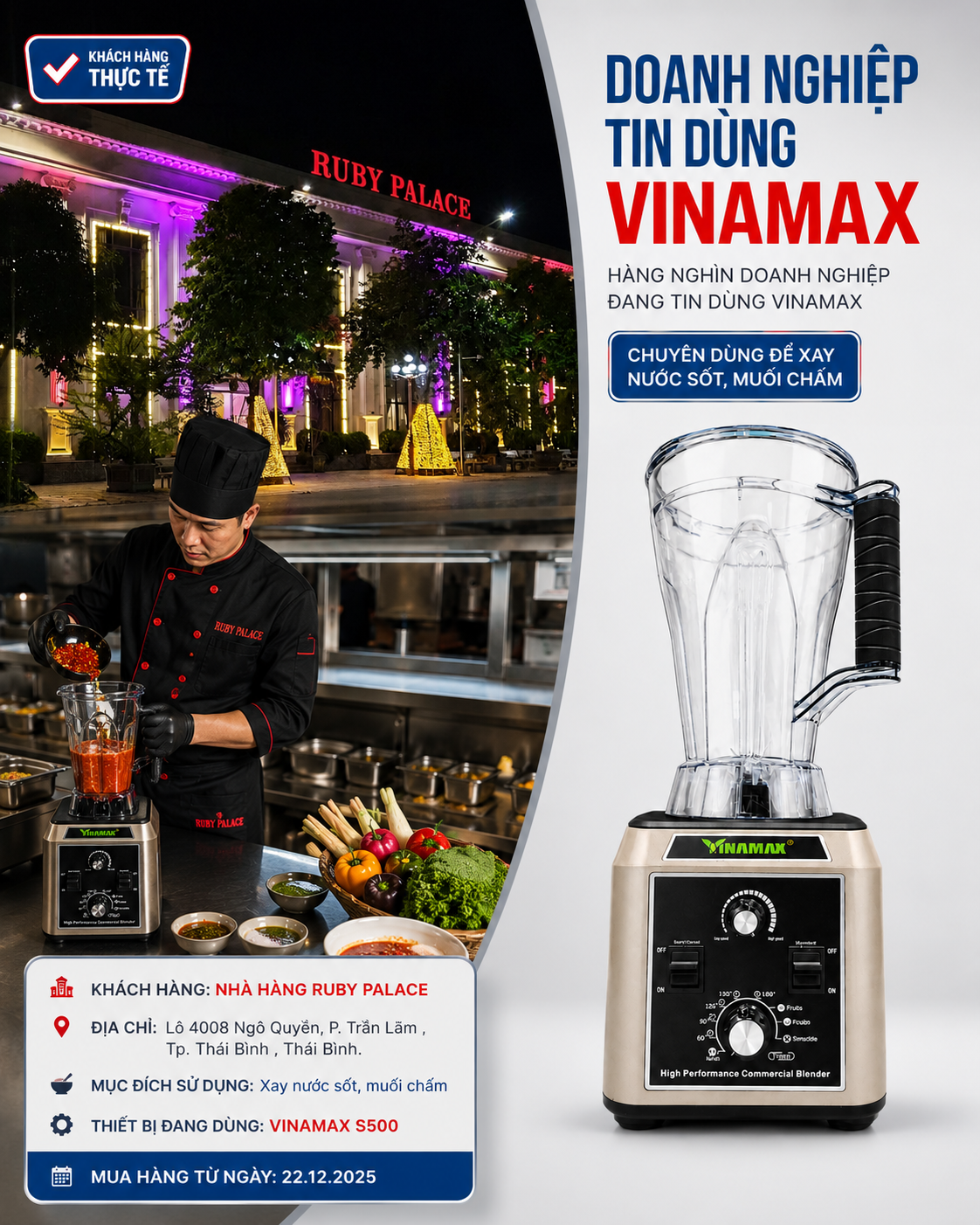 Máy Xay Sinh Tố Công Nghiệp VINAMAX S500 – Công Suất Khủng 3200W, Xay Số Lượng Lớn , Xay Liên Tục Không Lo Cháy Máy 58 nha hang ruby thai binh may xay cong nghiep vinamax s500