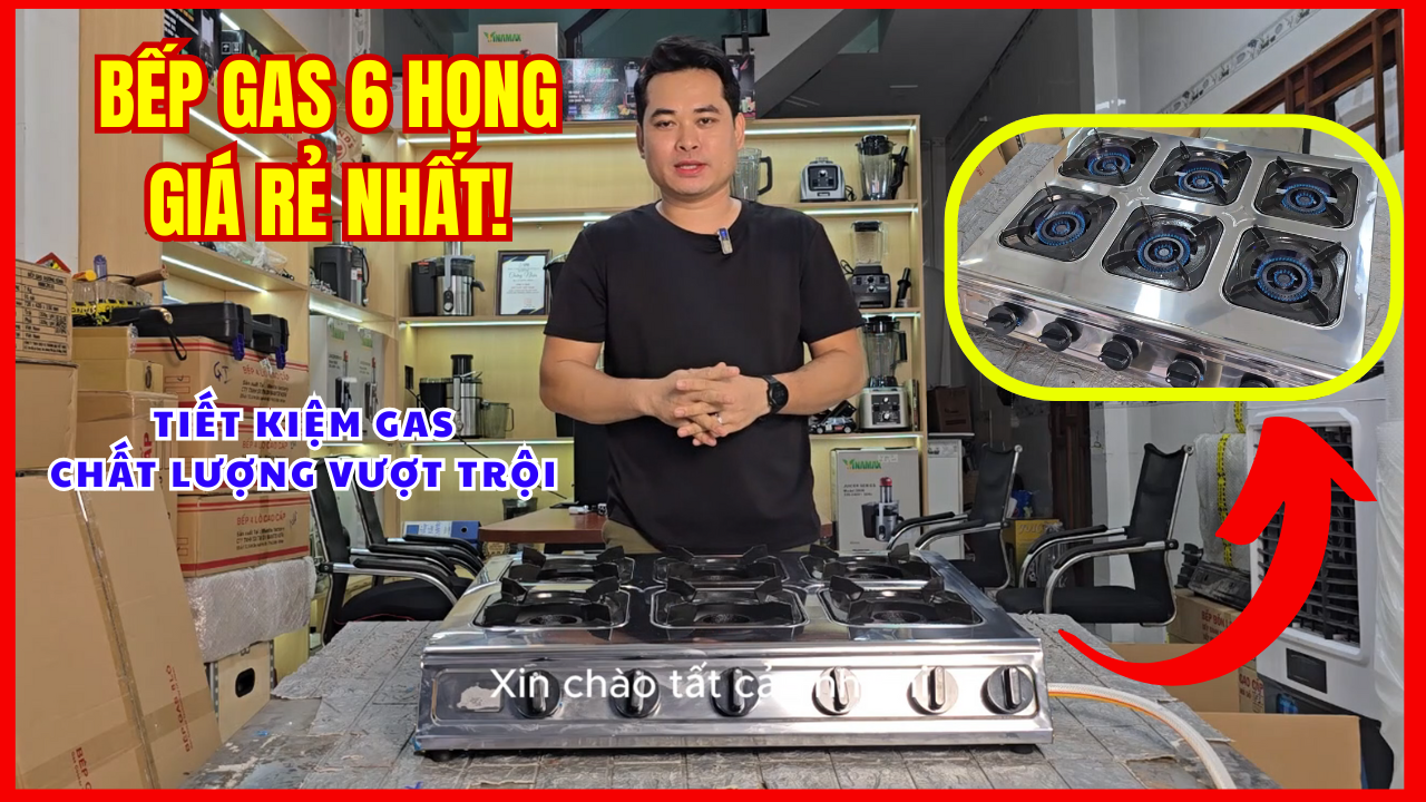 Bếp gas 6 họng giá rẻ bằng inox dùng trong bếp công nghiệp