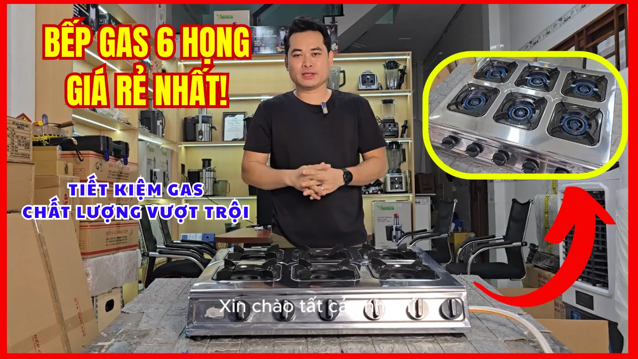 Bếp gas 6 họng giá rẻ bằng inox dùng trong bếp công nghiệp