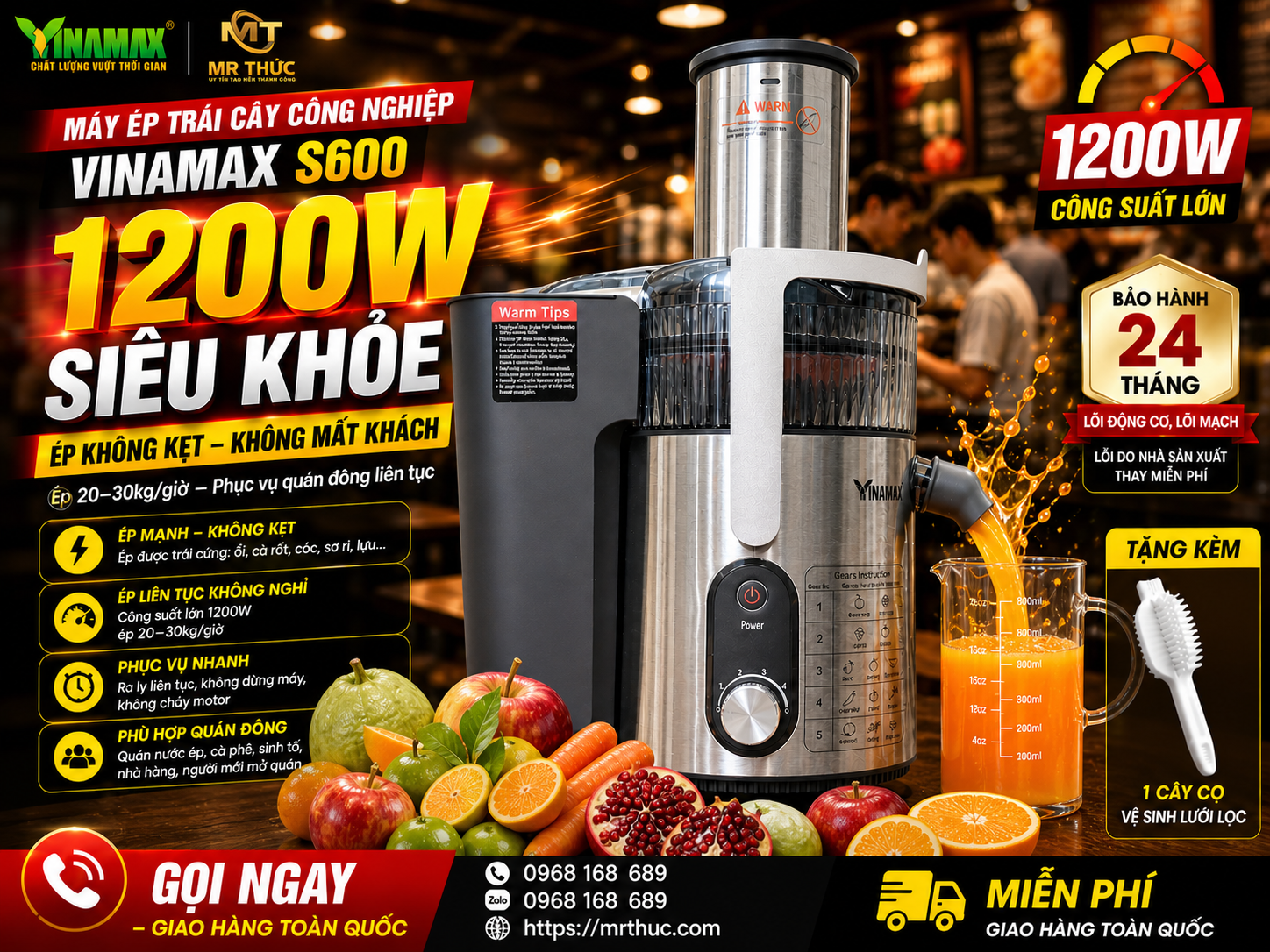 Máy Ép Trái Cây Công Nghiệp VINAMAX S600 - Công Suất Lớn 1200W – Ép Nhanh, Khỏe, Bền Cho Chủ Quán Kinh Doanh 44 Hình ảnh máy ép trái cây công nghiệp VINAMAX S600 2026 thiết kế hiện đại, ép nhanh nhiều loại trái cây, phù hợp quán cà phê và mô hình kinh doanh nước ép.