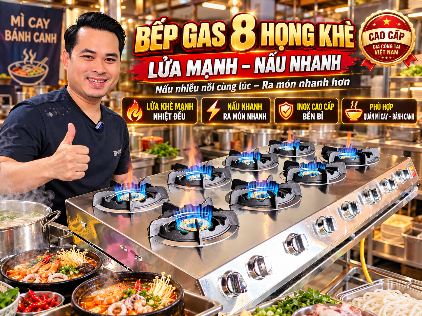 Bếp gas 8 họng khè lửa mạnh cao cấp gia công inox 430 tại Việt Nam