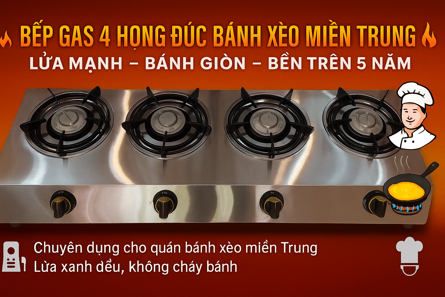 Bếp gas 4 họng đúc bánh xèo miền Trung bằng inox nguyên khối
