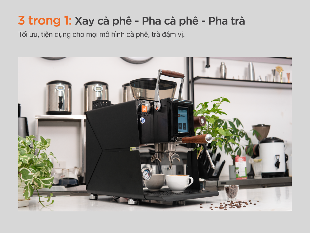 máy pha ca phê tự động 3 trong 1 Máy pha cà phê tự động Unibar 3 trong 1 xay và pha cà phê, pha trà tiện lợi.