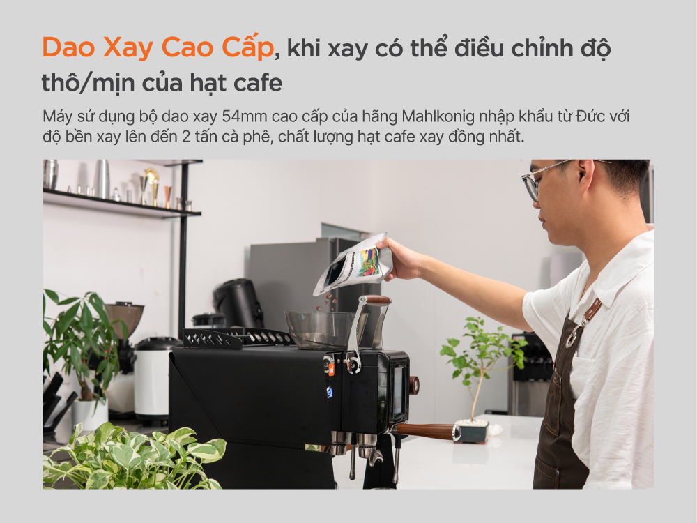 Máy Pha Cà Phê Tự Động UNIBAR - Giải pháp hoàn hảo cho quán cà phê nhỏ 26 Máy pha cà phê Unibar trang bị dao xay 54mm cao cấp, điều chỉnh độ mịn hạt cà phê dễ dàng