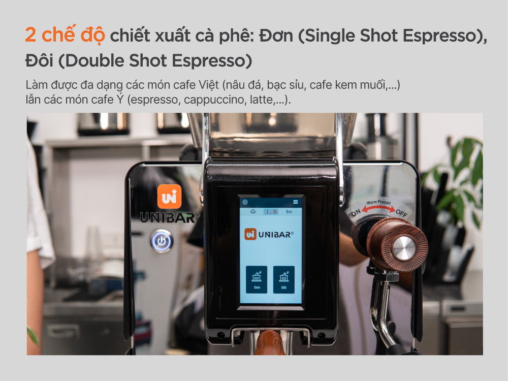 Máy Unibar chế độ pha đơn, đôi đa dạng thức uống Máy pha cà phê Unibar chế độ chiết xuất đơn và đôi, linh hoạt pha nhiều loại cà phê.
