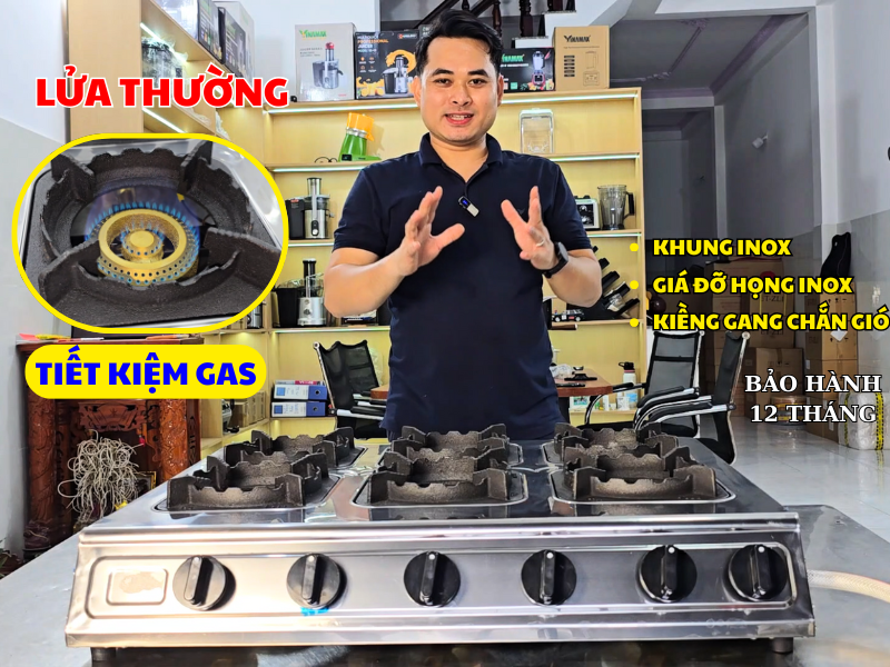 Bếp gas 6 họng chất lượng tốt – Kiềng đúc gang, khung inox chắc chắn Bếp gas 6 họng inox kiềng gang dùng cho nhà hàng, bền bỉ và tiện lợi