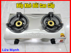 Bếp khè đôi inox công nghiệp với hai họng đốt lớn, lửa mạnh, dùng cho quán ăn và bếp nhà hàng
