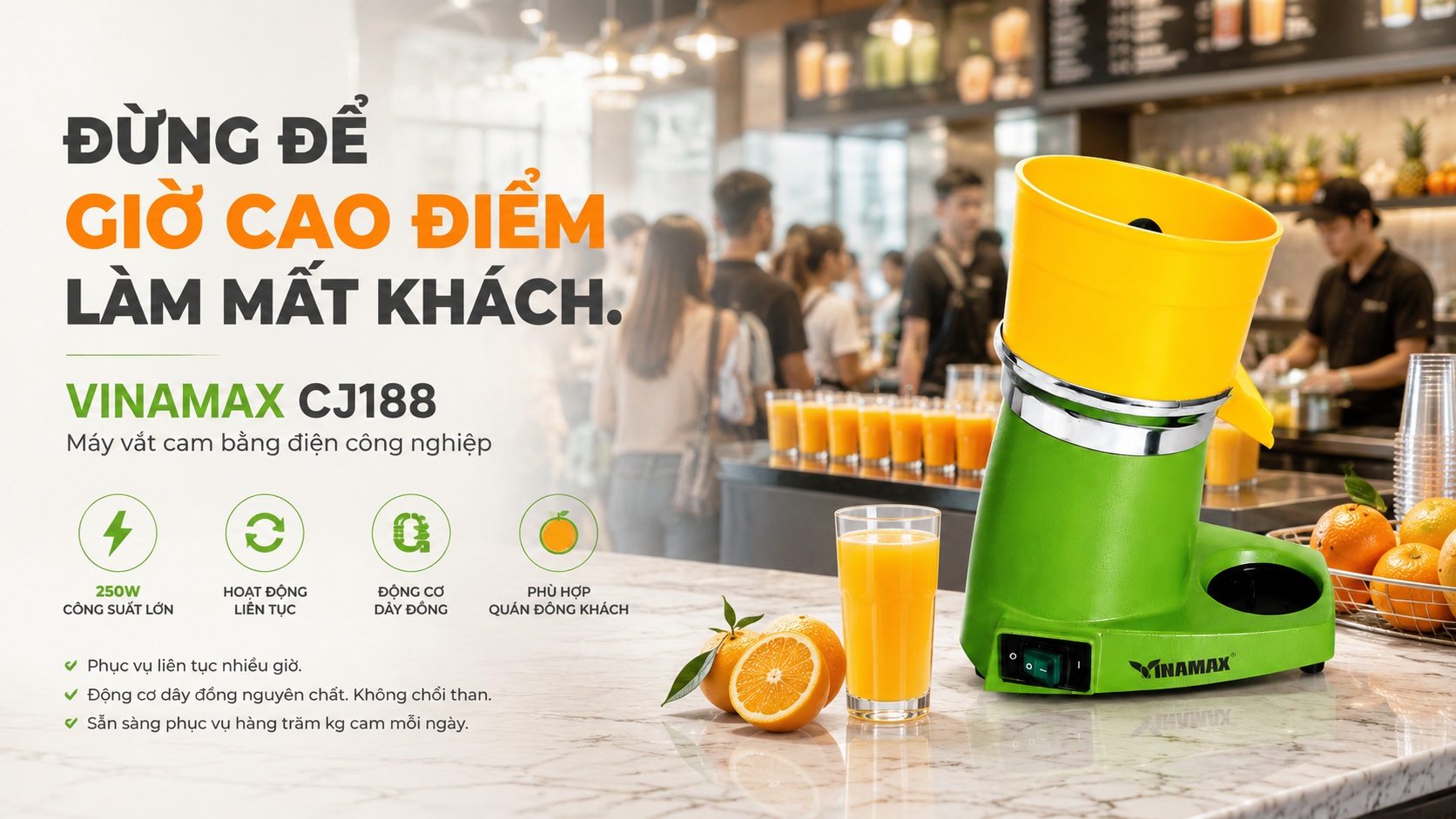 Máy vắt cam bằng điện công nghiệp VINAMAX CJ188 250W phục vụ nhanh trong giờ cao điểm cho quán cà phê và quán nước