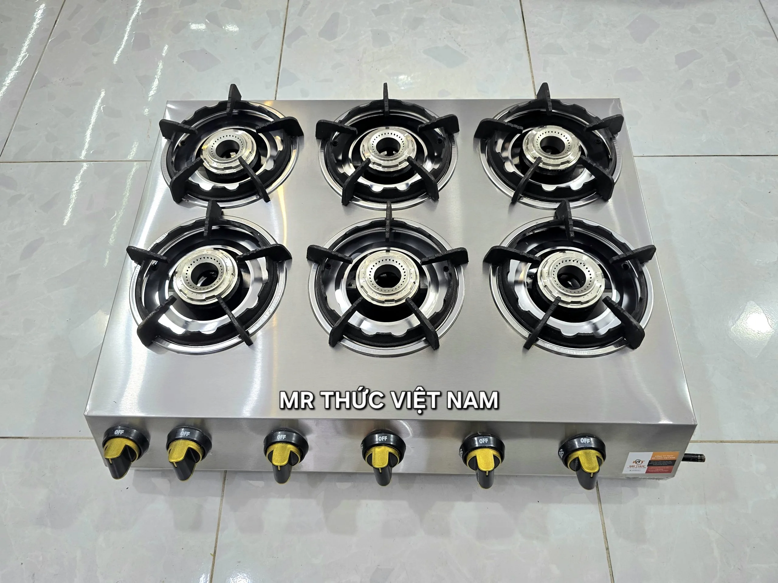 Bếp gas 6 lò lửa thường inox công nghiệp nhìn chính diện