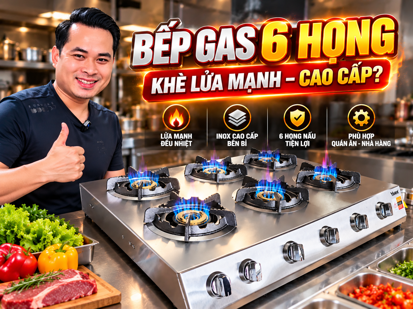 Bếp gas 6 họng cao cấp inox công nghiệp Việt Nam, lửa mạnh phù hợp quán ăn nhà hàng